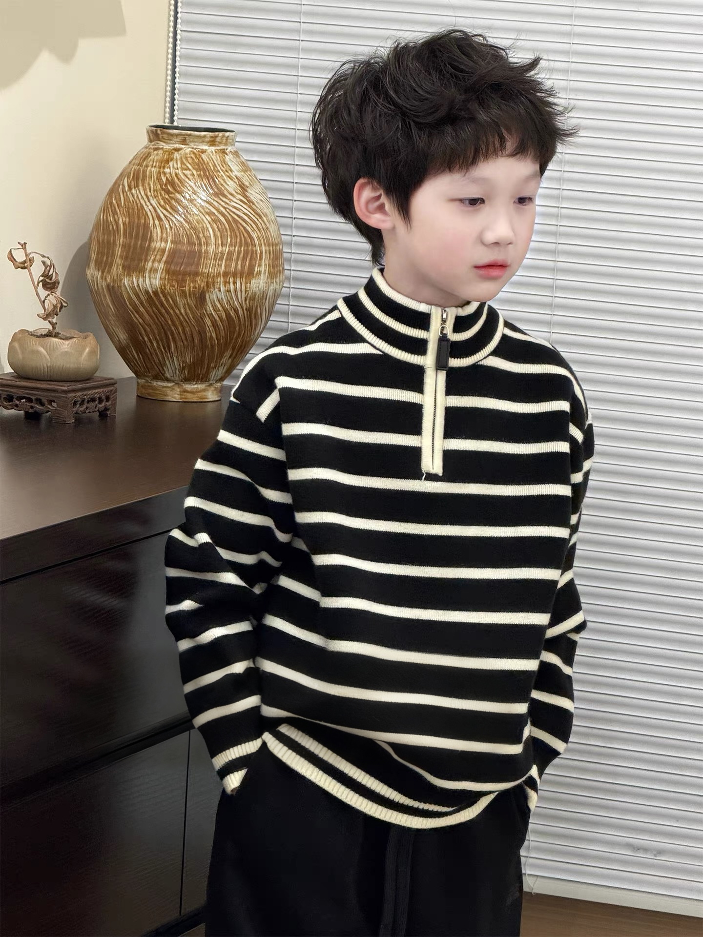 【不起球】韩国绒童装男童2025洋气毛衣条纹半拉链冬加厚百搭针织衫