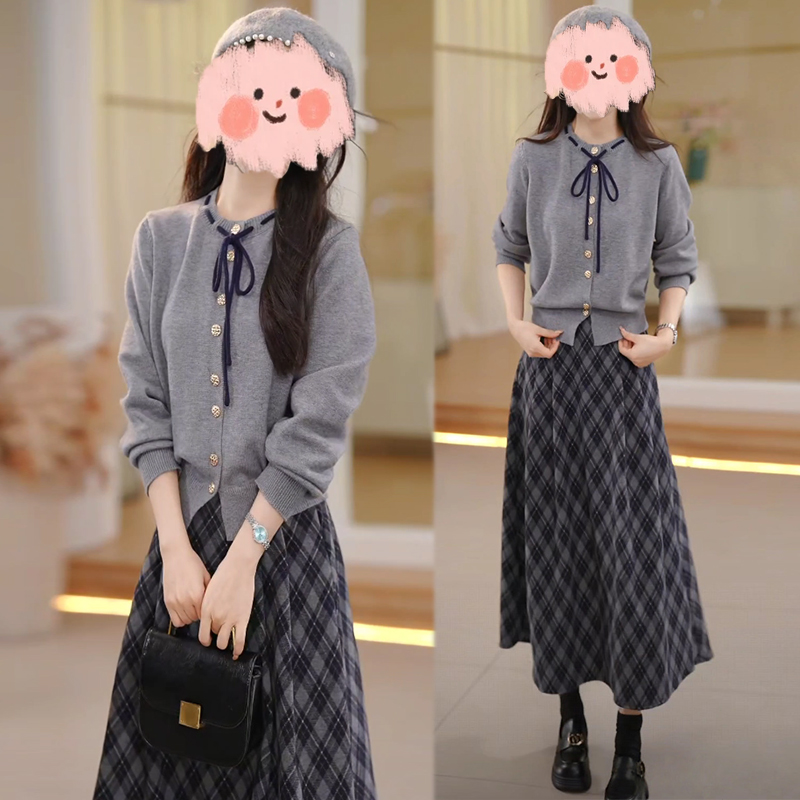 2025早秋韩版针织百搭格子开衫上衣+格纹半身裙两件套女时尚套装