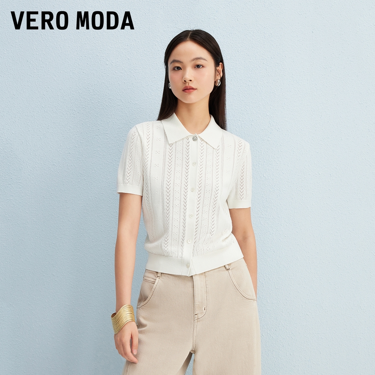 Vero Moda针织衫2025新款翻领单排扣镂空钩花上衣老钱风松弛感女