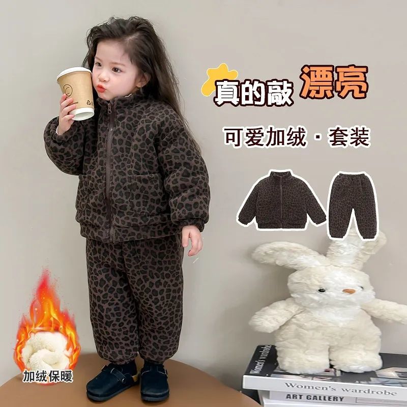 男女童冬季加绒套装洋气男女宝宝保暖加厚高领外套裤子棉服两件套