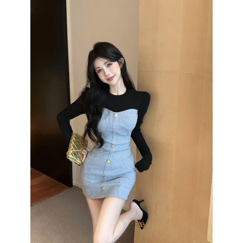 法式纯欲辣妹圆领撞色拼接设计感假两件收腰显瘦长袖包臀连衣裙女