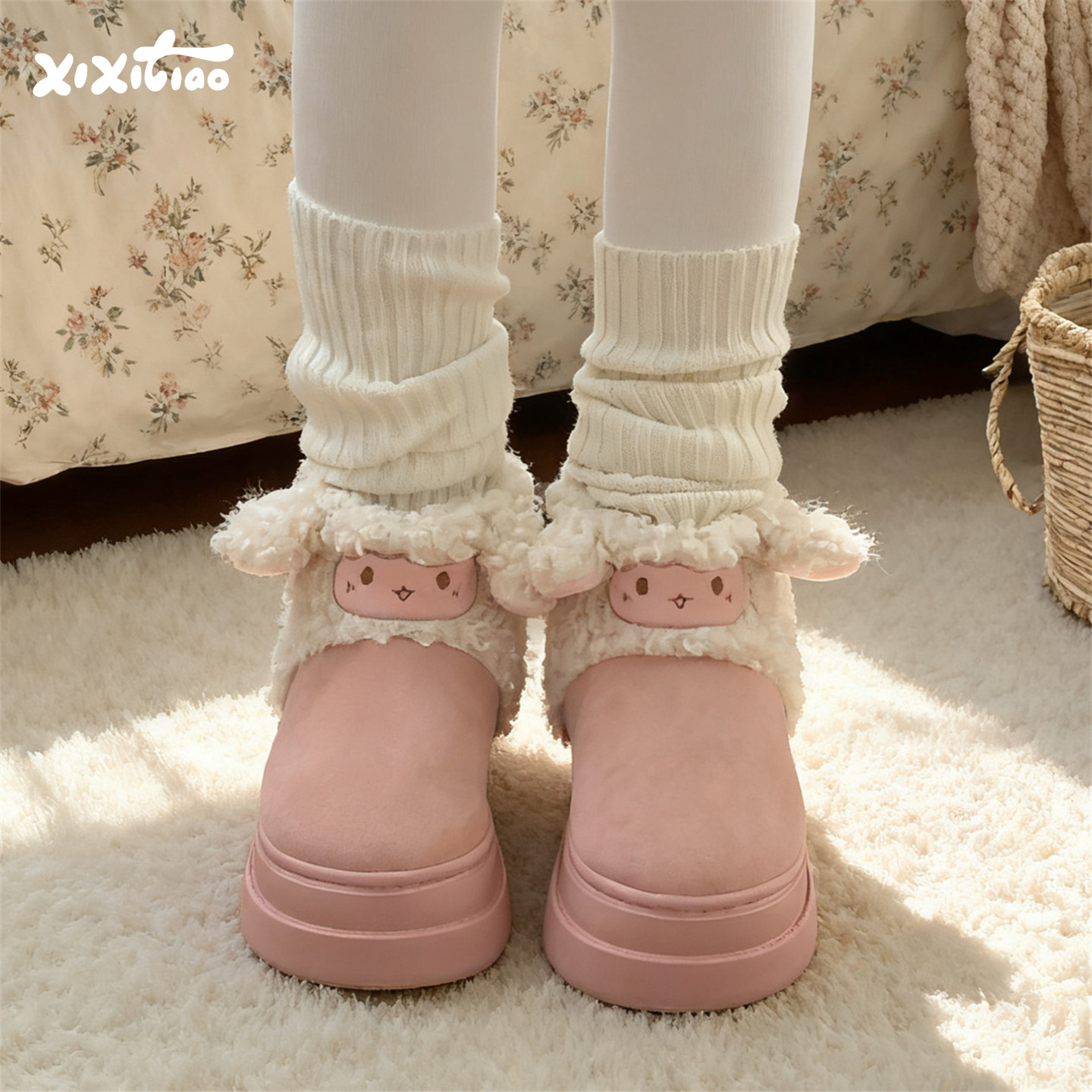 细细条 学生冬天外穿可爱卷毛小羊雪地靴女保暖防滑厚底卡通棉靴