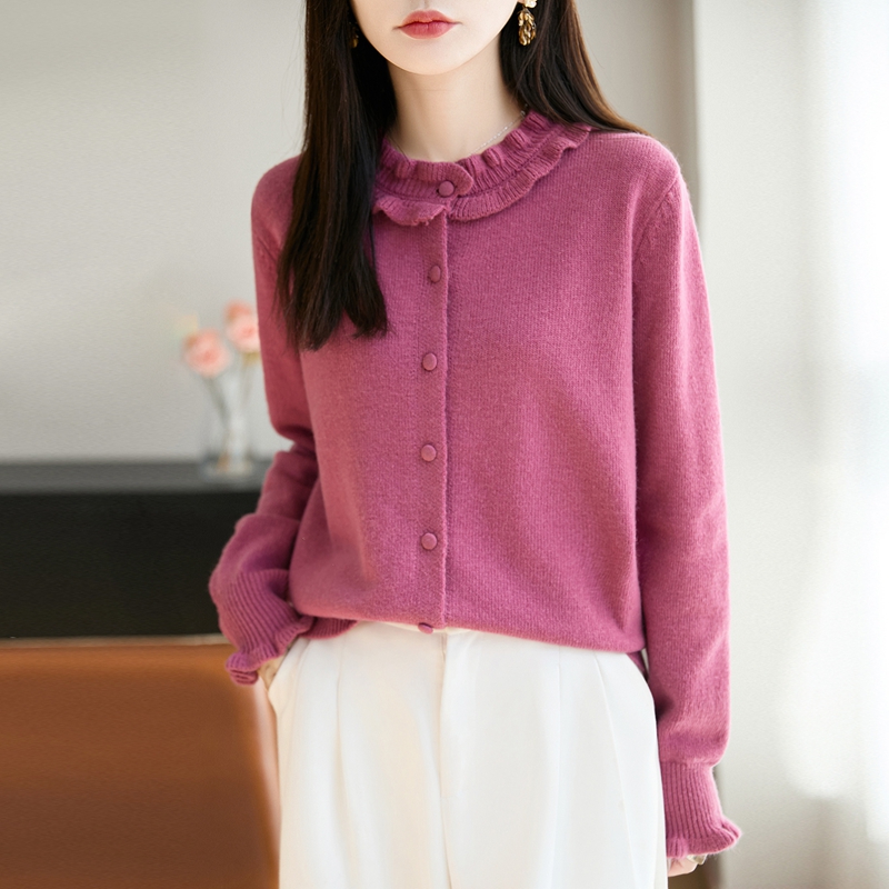 时尚品牌女装秋冬木耳领纯色时尚精纺针织开衫优雅内搭宽松毛衣