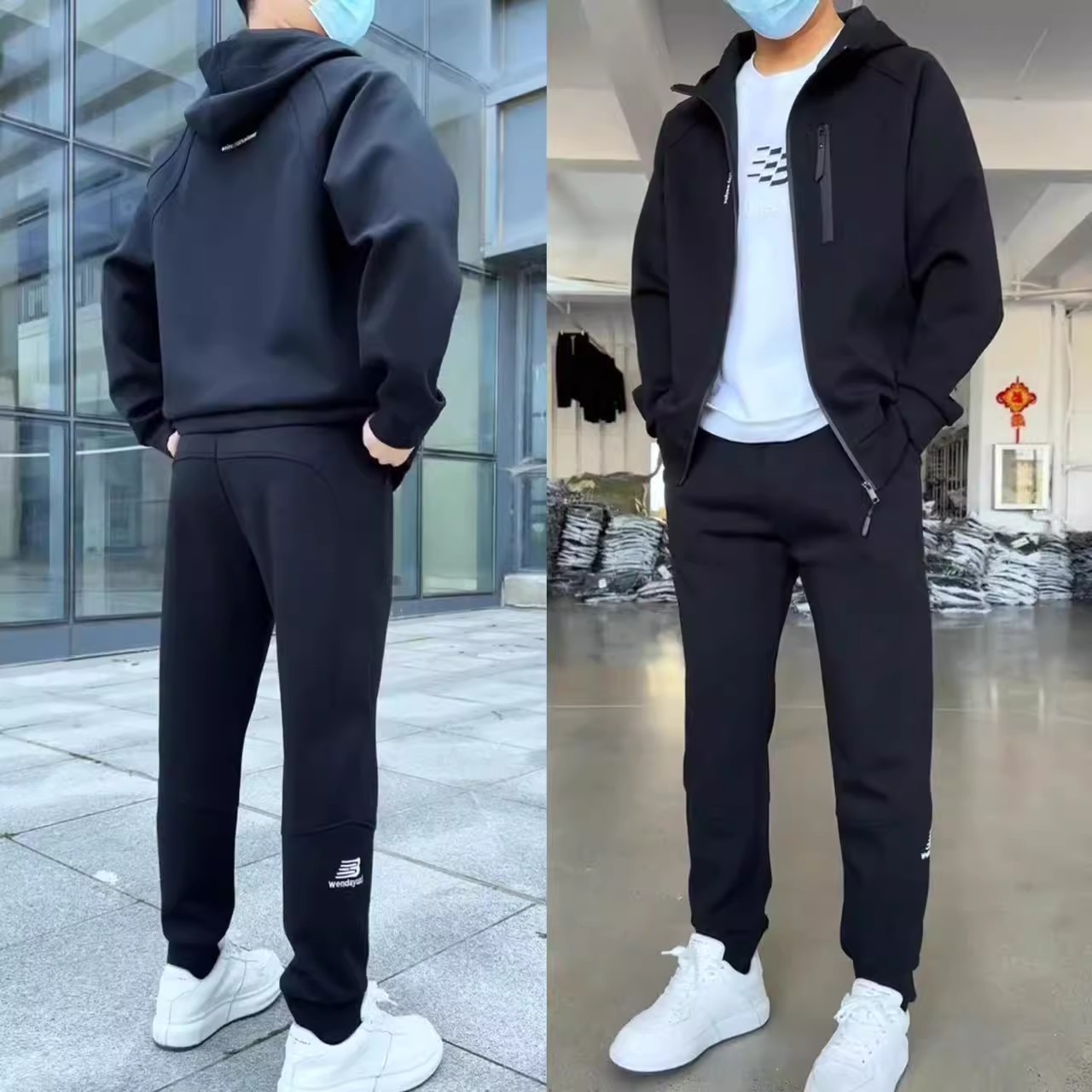 VALVOELITE秋冬新款连帽外套卫裤两件套男高档时尚加绒运动套装