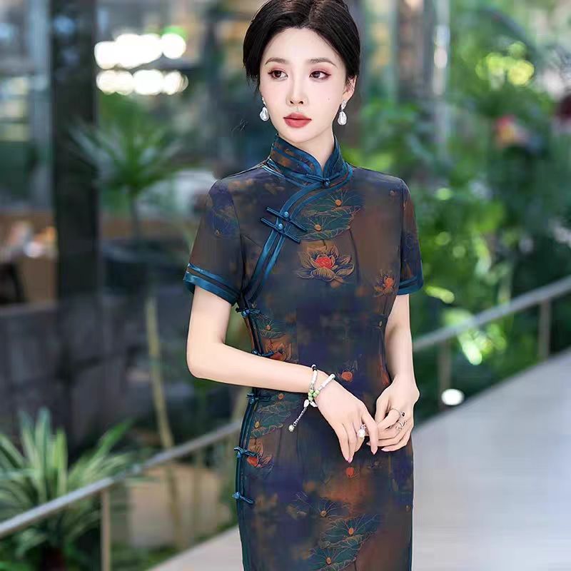 3313新中式旗袍日常可穿2025夏季长款素雅国风礼服高端老上海改良