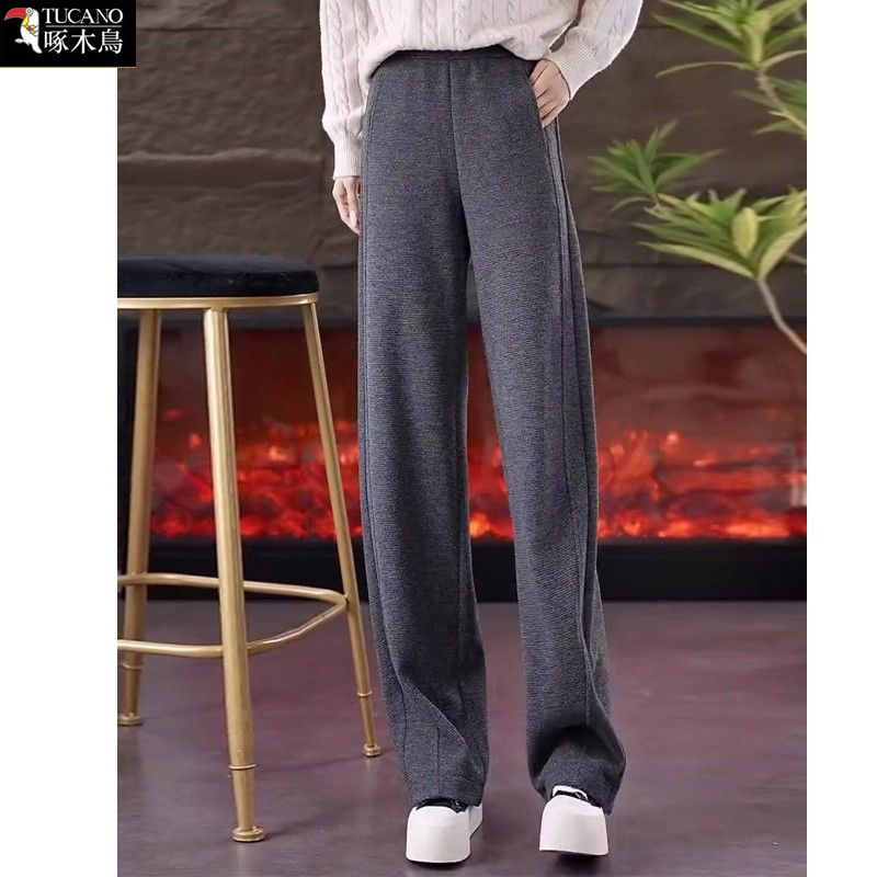 啄木鸟正品2025年秋冬加绒保暖休闲裤女士百搭新款高腰显瘦阔腿裤