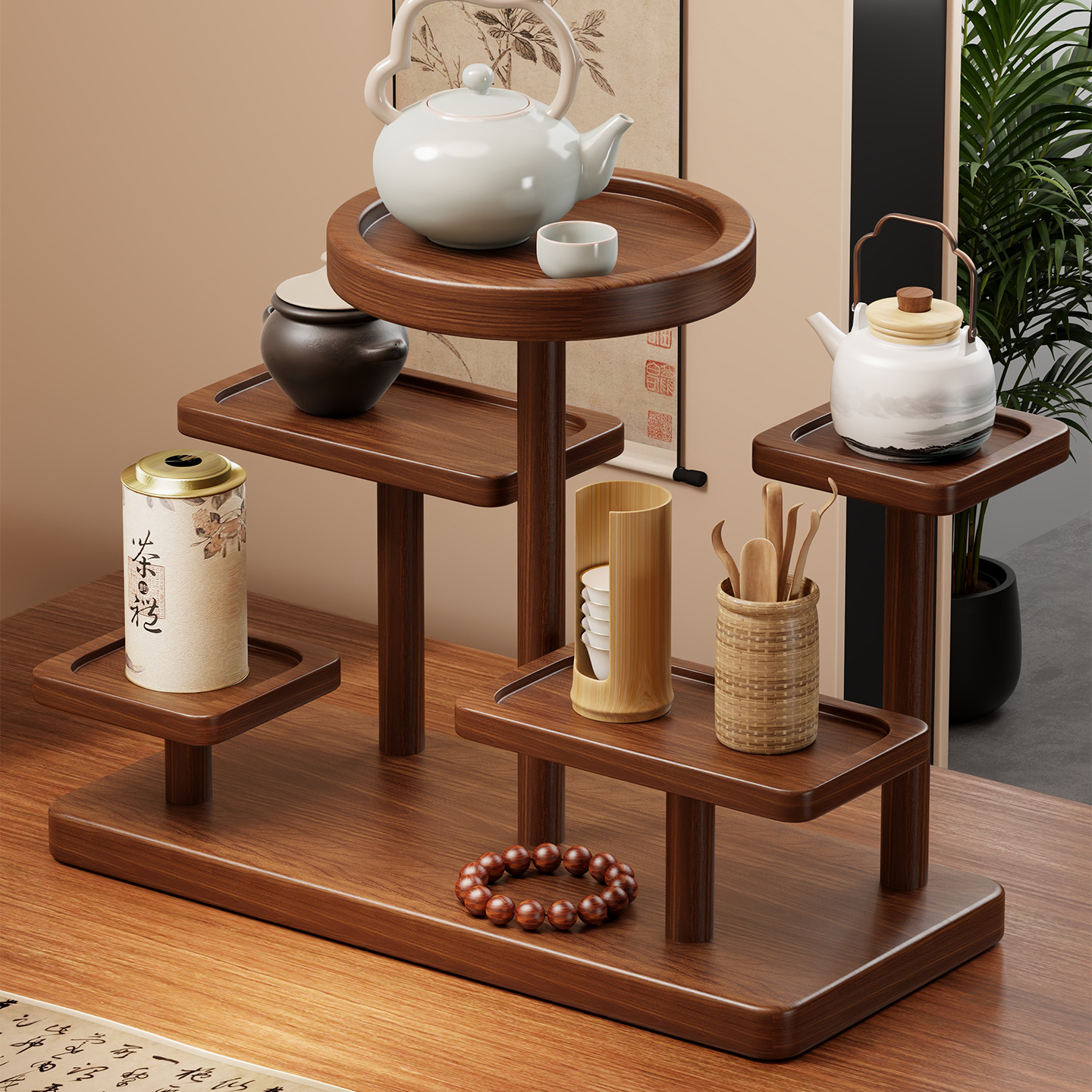中式桌面杯架博古架茶室茶具紫砂壶摆放架子桌上多层摆件展示架子
