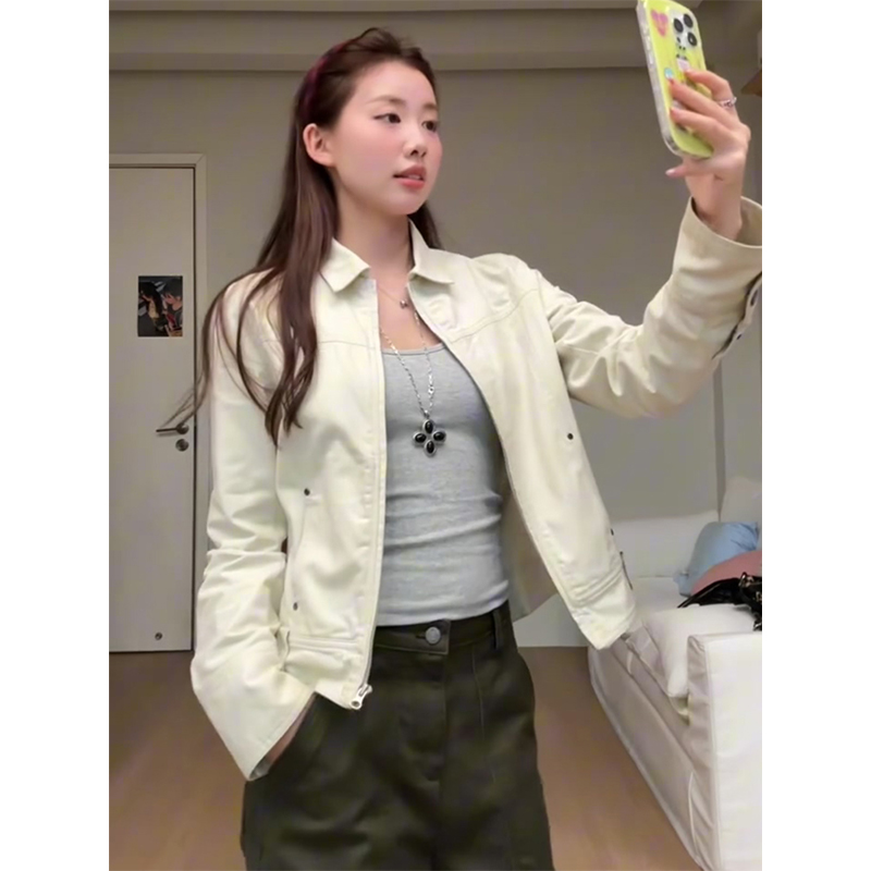 窄版拉链单排扣工装外套女春秋季新款修身短款设计感机车夹克上衣