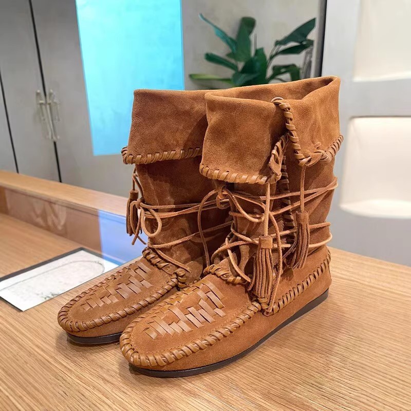 2025新款真皮百搭显瘦可翻折推推靴复古编织流苏绑带西部牛仔靴女