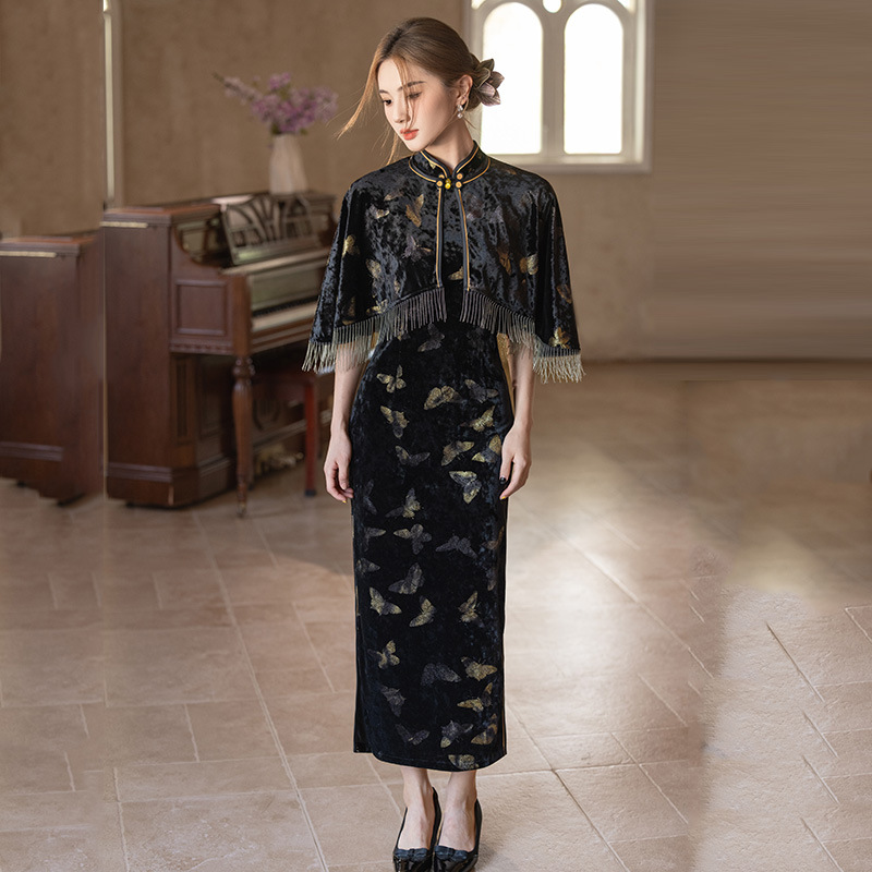 显瘦气质复古中国风优雅时尚黑色旗袍2024年秋季丝绒长款立领双襟