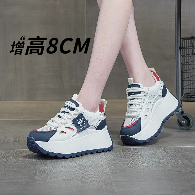 头层牛皮增高8CM老爹鞋女2025秋季网红爆板休闲时尚百搭运动鞋女.