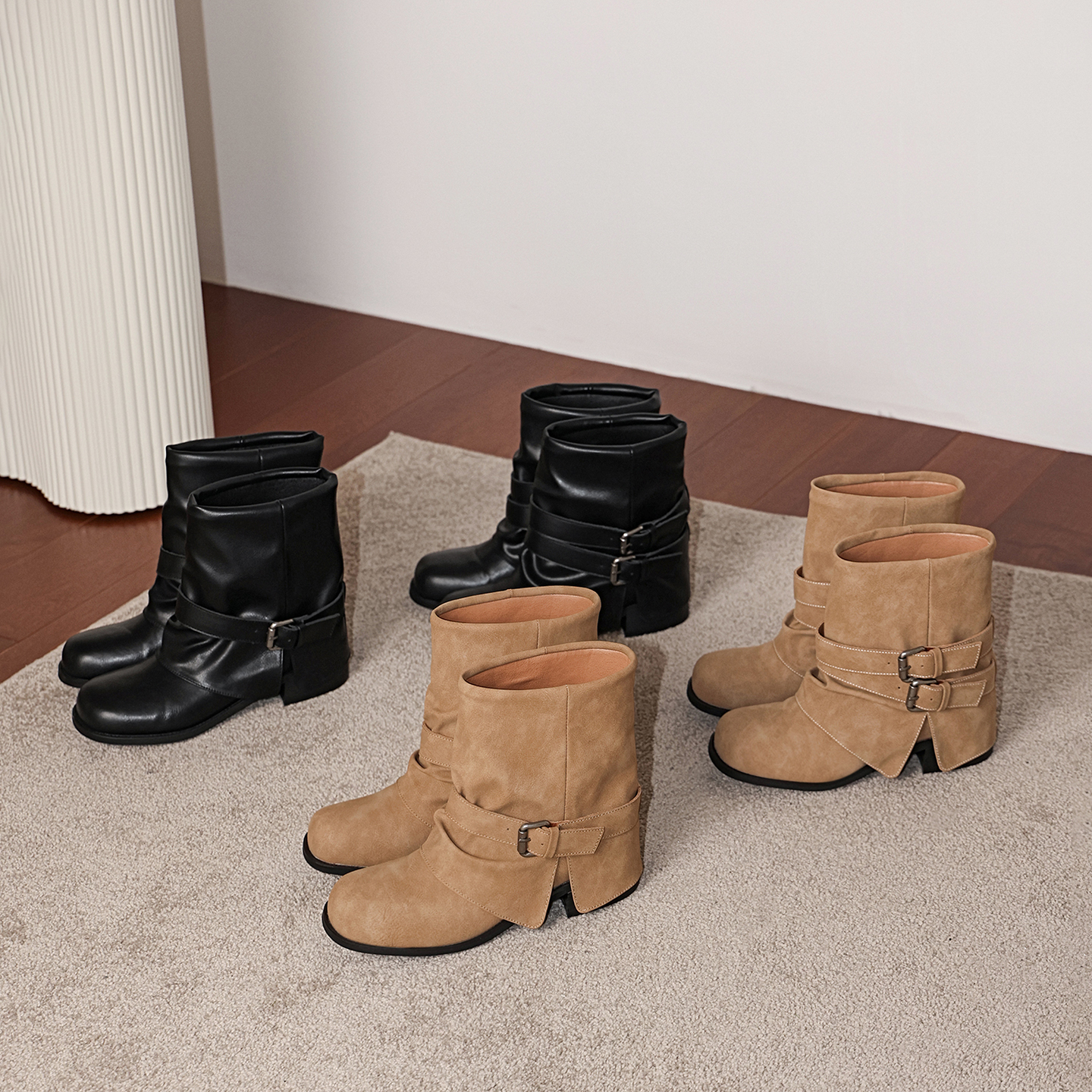 ZHIYU-真皮复古骑士靴 皮带扣厚底中筒靴 秋冬显瘦百搭短靴5.5cm