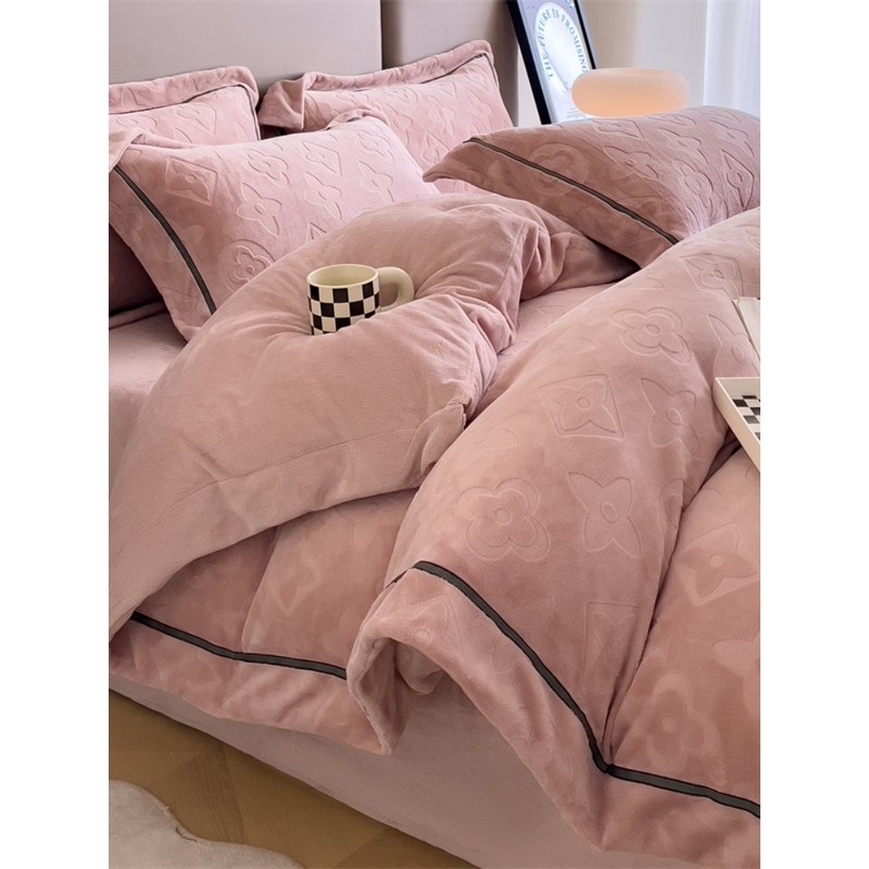 水星高端适用家纺2025新款牛奶绒床上四件套雕花绒加厚双面加绒珊