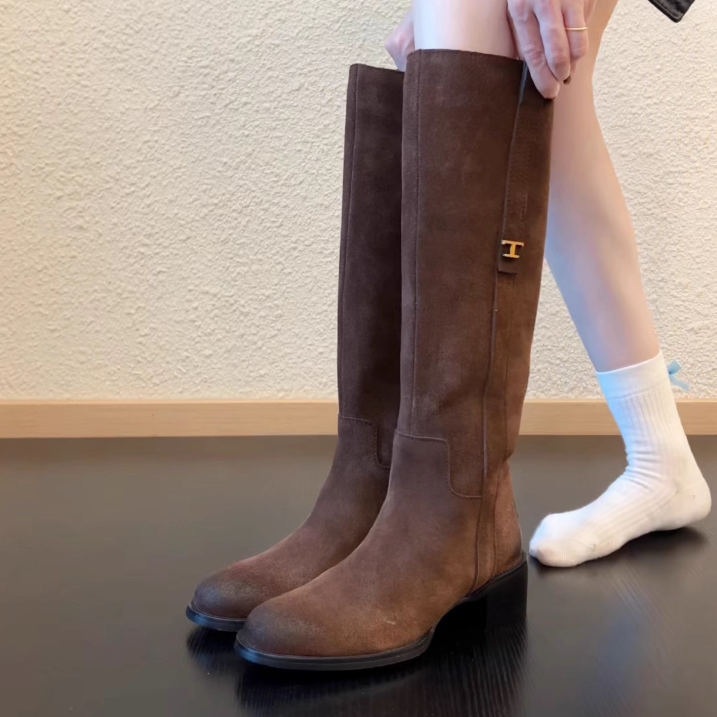 Pokoy-5cm皮带扣女气质百搭复古不过膝骑士靴高筒靴秋冬季