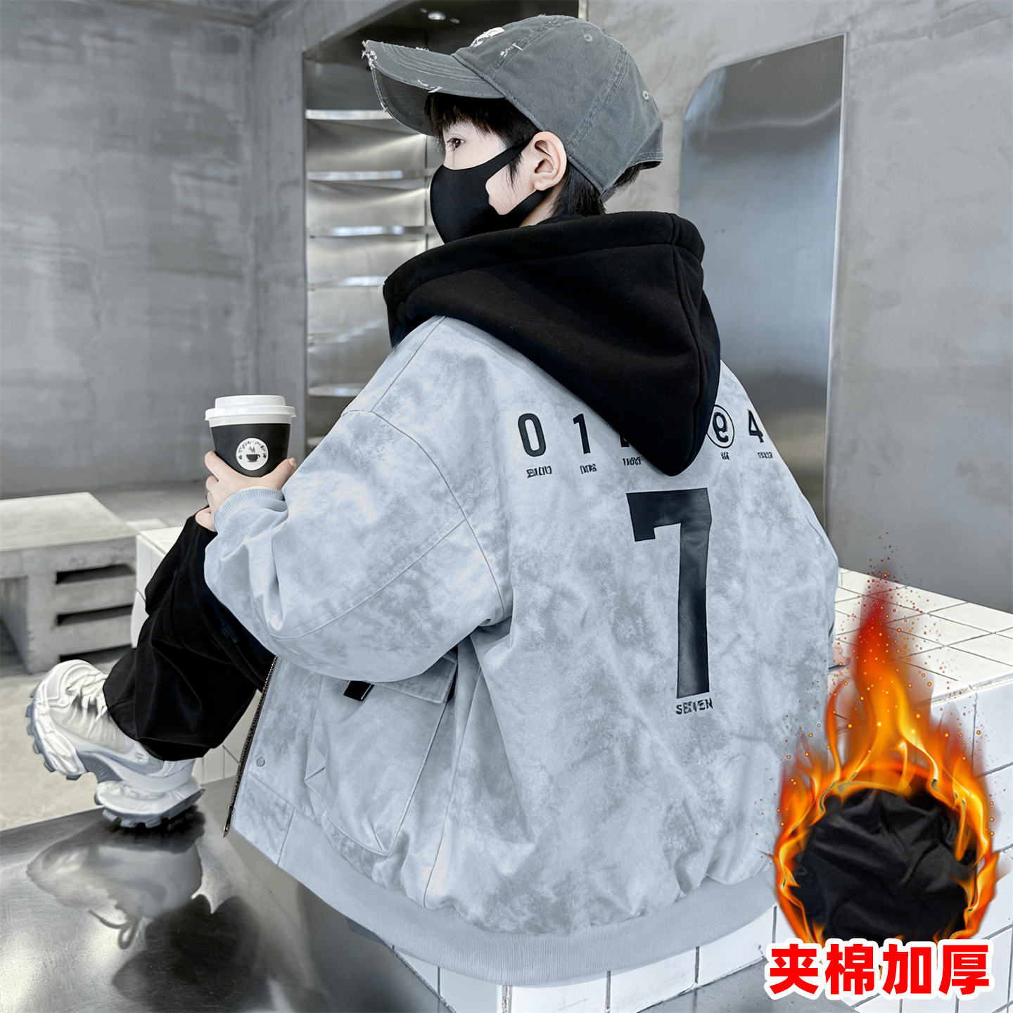 男童夹棉加厚夹克短款外套连帽秋冬季中大童时髦帅气炸街儿童上衣