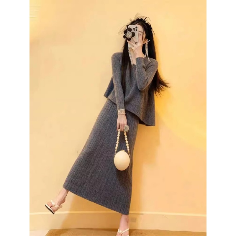 秋装搭配一整套独特时尚高级感超好看慵懒软糯针织上衣半裙两件套