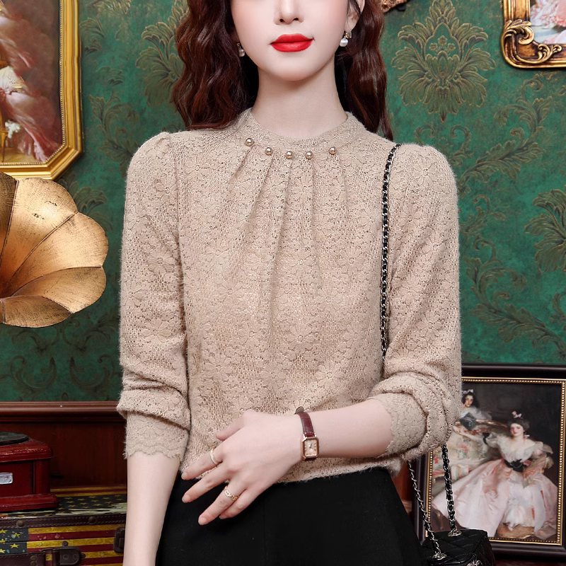 法式钉珠蕾丝打底衫女士2025年秋季新款时尚洋气内搭小衫长袖上衣