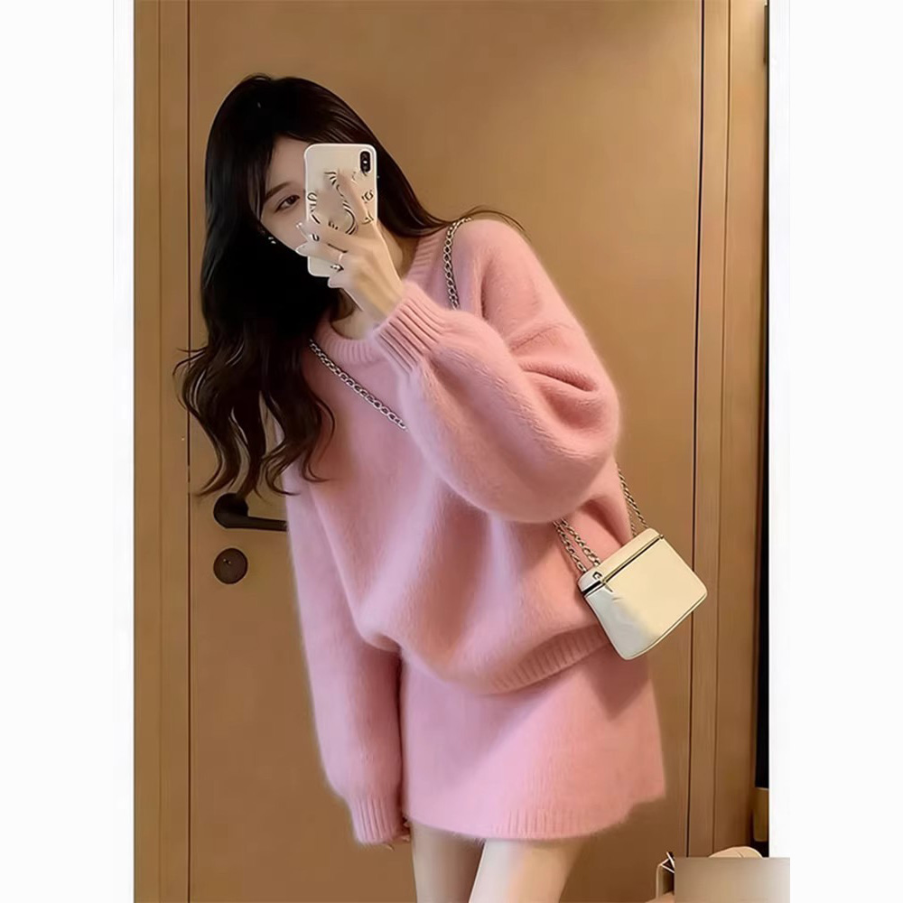 时尚2025冬季软糯甜美风百搭温柔巨好看粉色针织衫半身裙一整套女