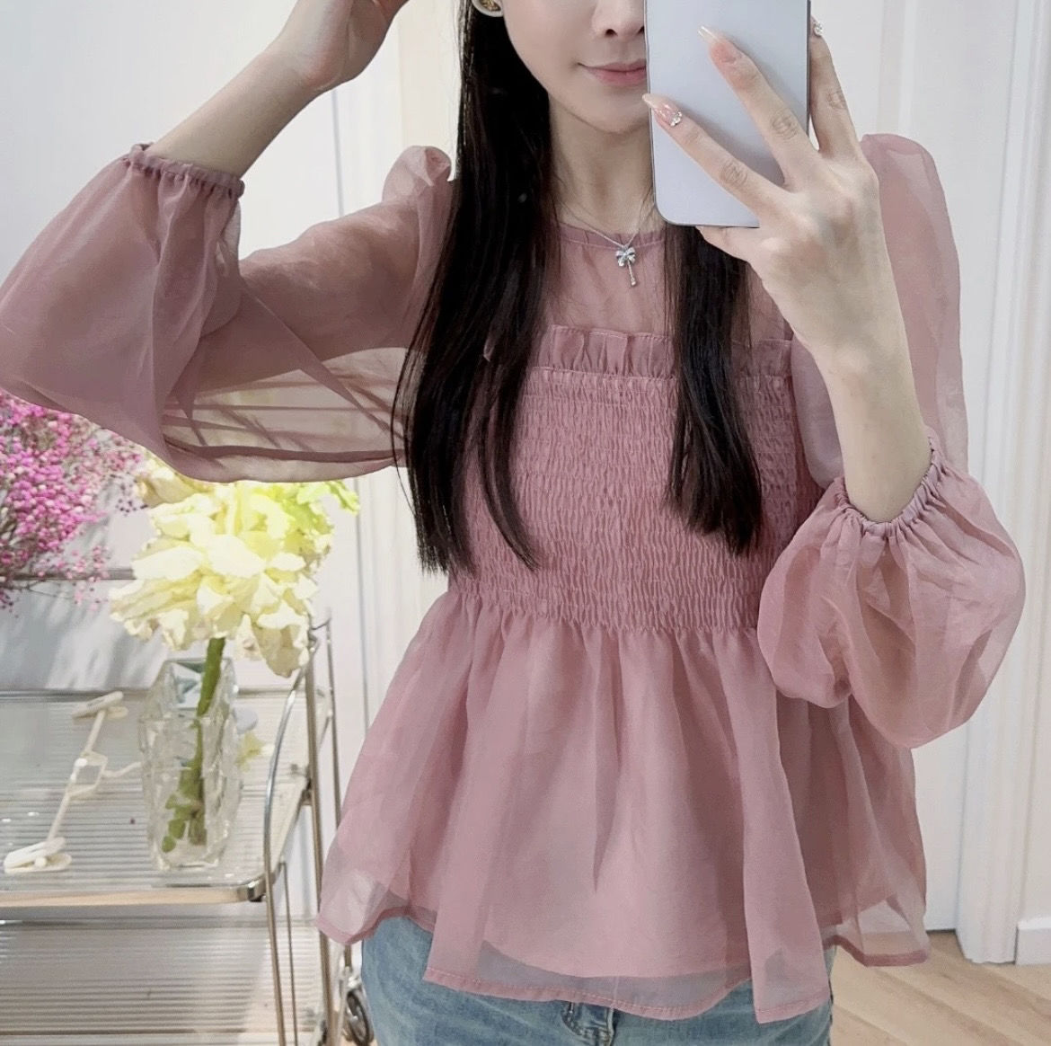 圆领泡泡袖雪纺衬衣女2025年夏季新款荷叶边显瘦遮肚子百搭上衣潮