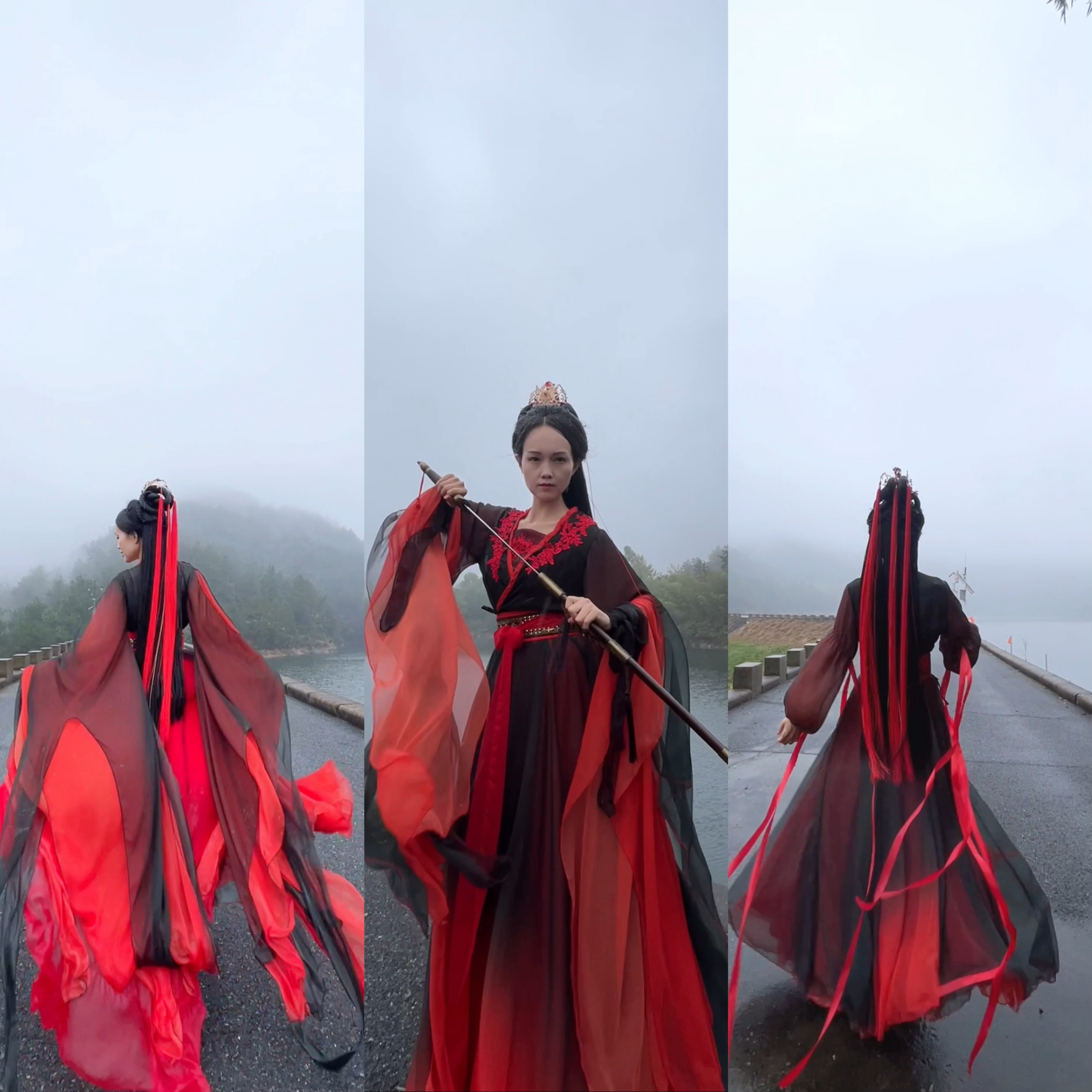 黑红渐变色侠女超仙古风影视服装