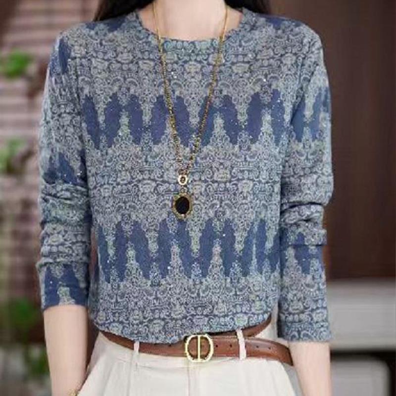 秋季新款时尚百搭气质印花长袖上衣F休闲减龄宽松洋气简约大码T恤