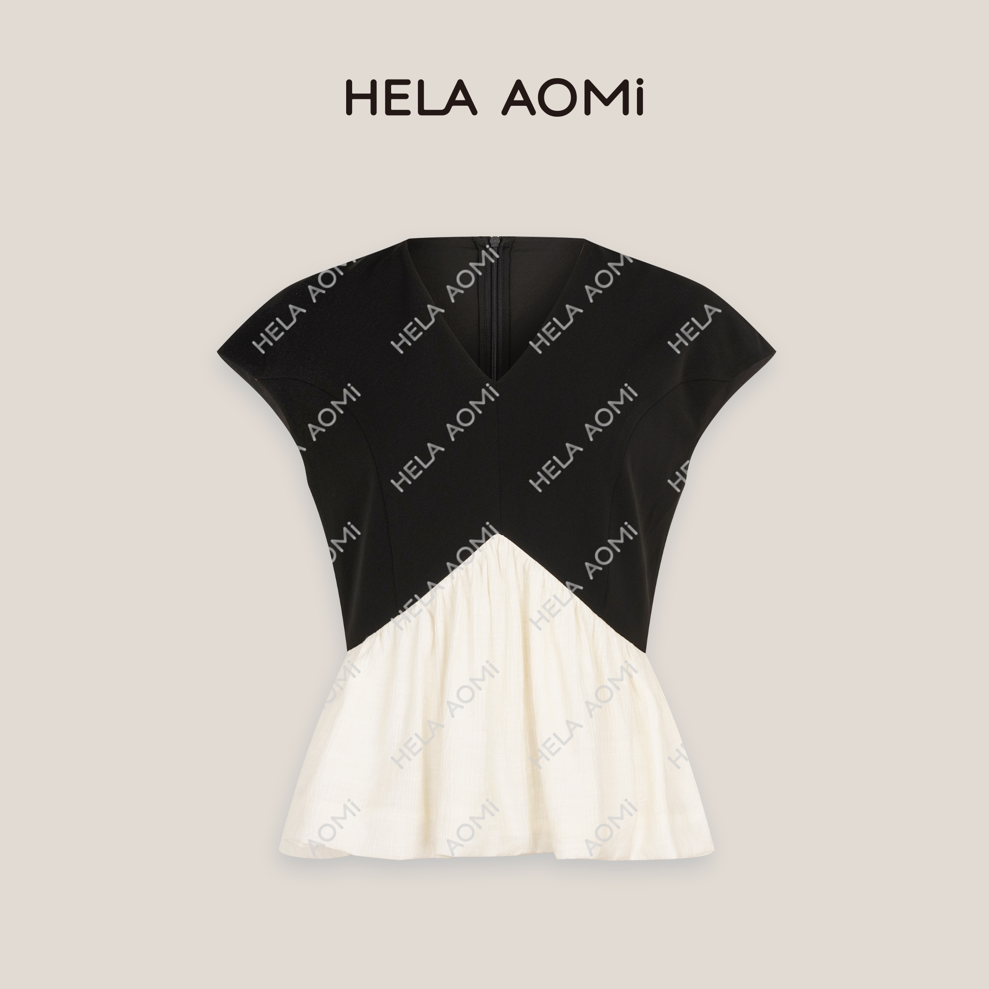 HELAAOMI “气质千金”V领套头拼接花苞撞色短袖衬衫CY5BN11101