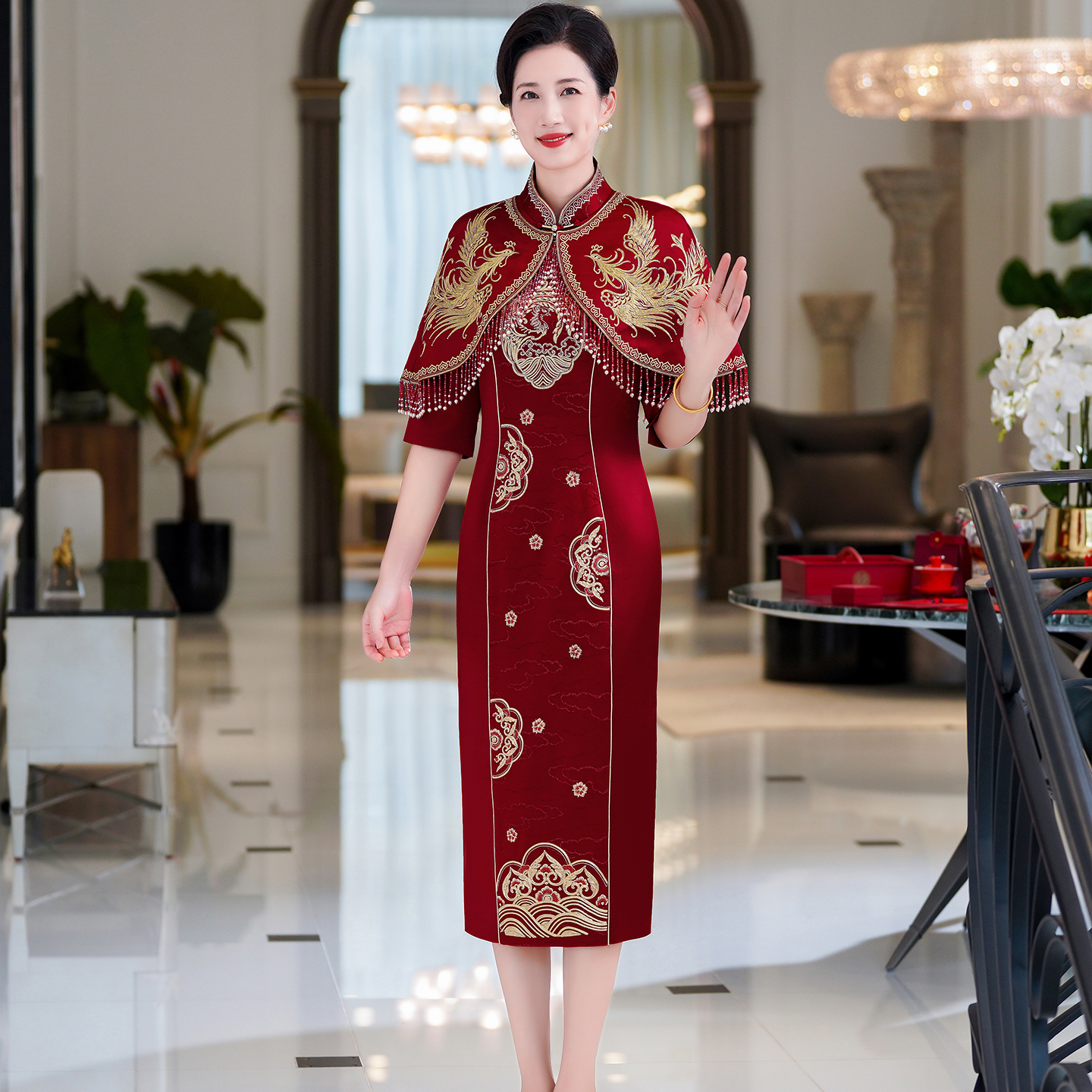 高端轻奢高级感喜妈妈礼服新中式醋酸改良旗袍裙喜婆婆婚宴装秋季