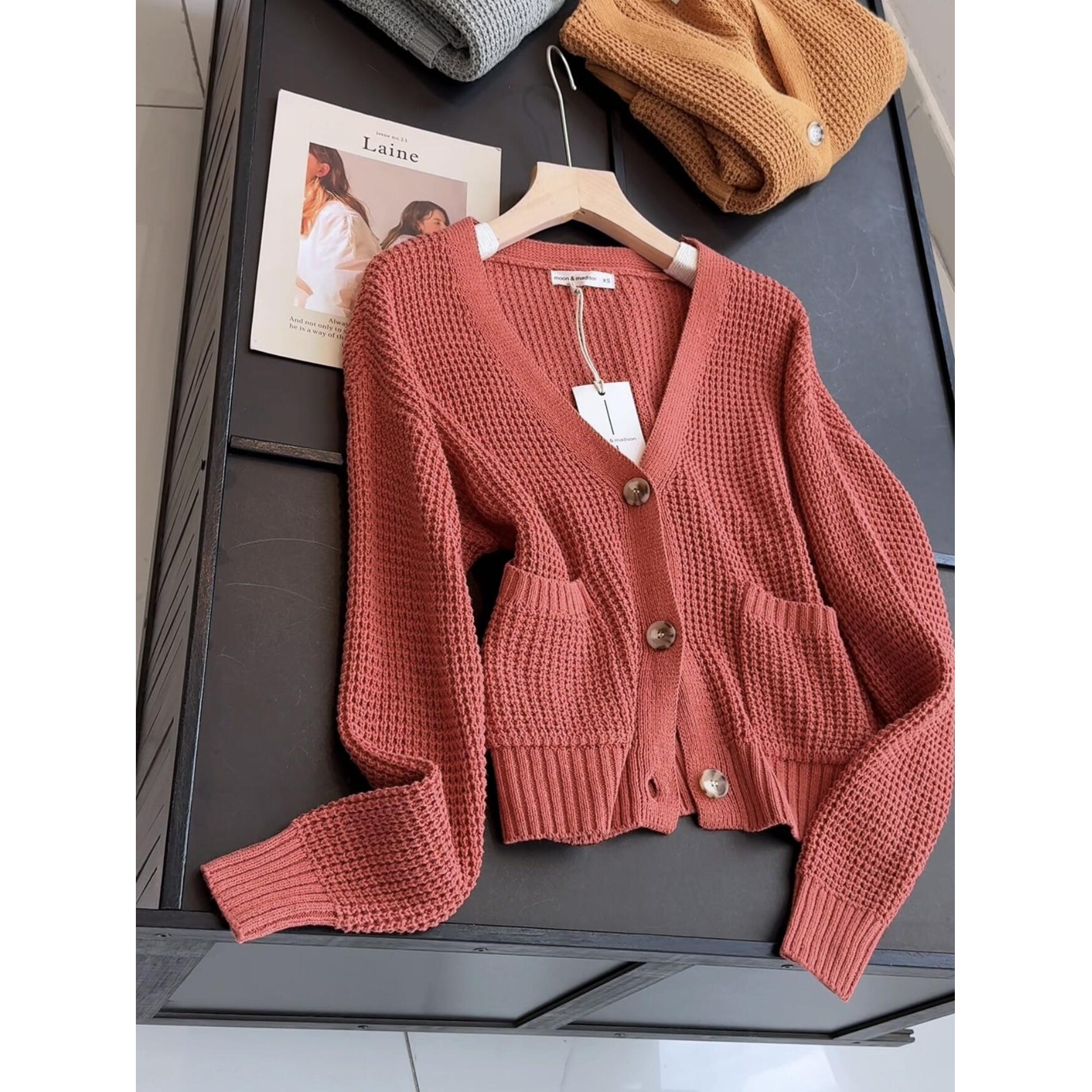 棉60% 春秋新款韩版宽松显瘦百搭针织开衫双口袋V领毛衣外套女