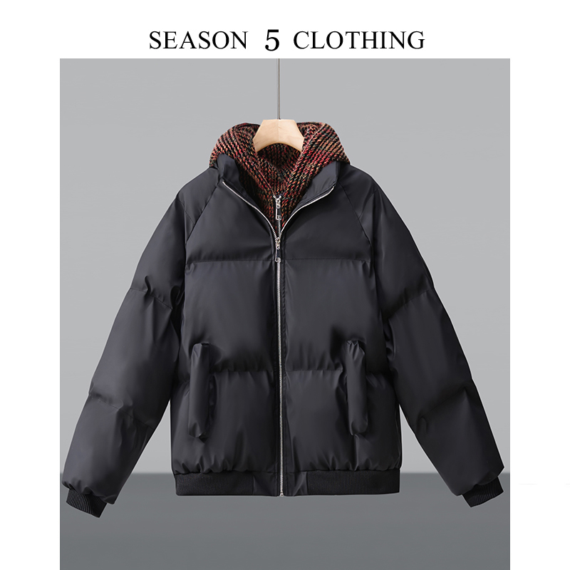 假两件纯色冬季男士保暖棉服潮流百搭保暖面包服连帽宽松外套