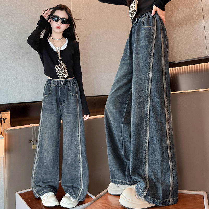 女童春秋牛仔裤2025新款儿童直筒裤时髦毛边裤子洋气女孩阔腿裤潮