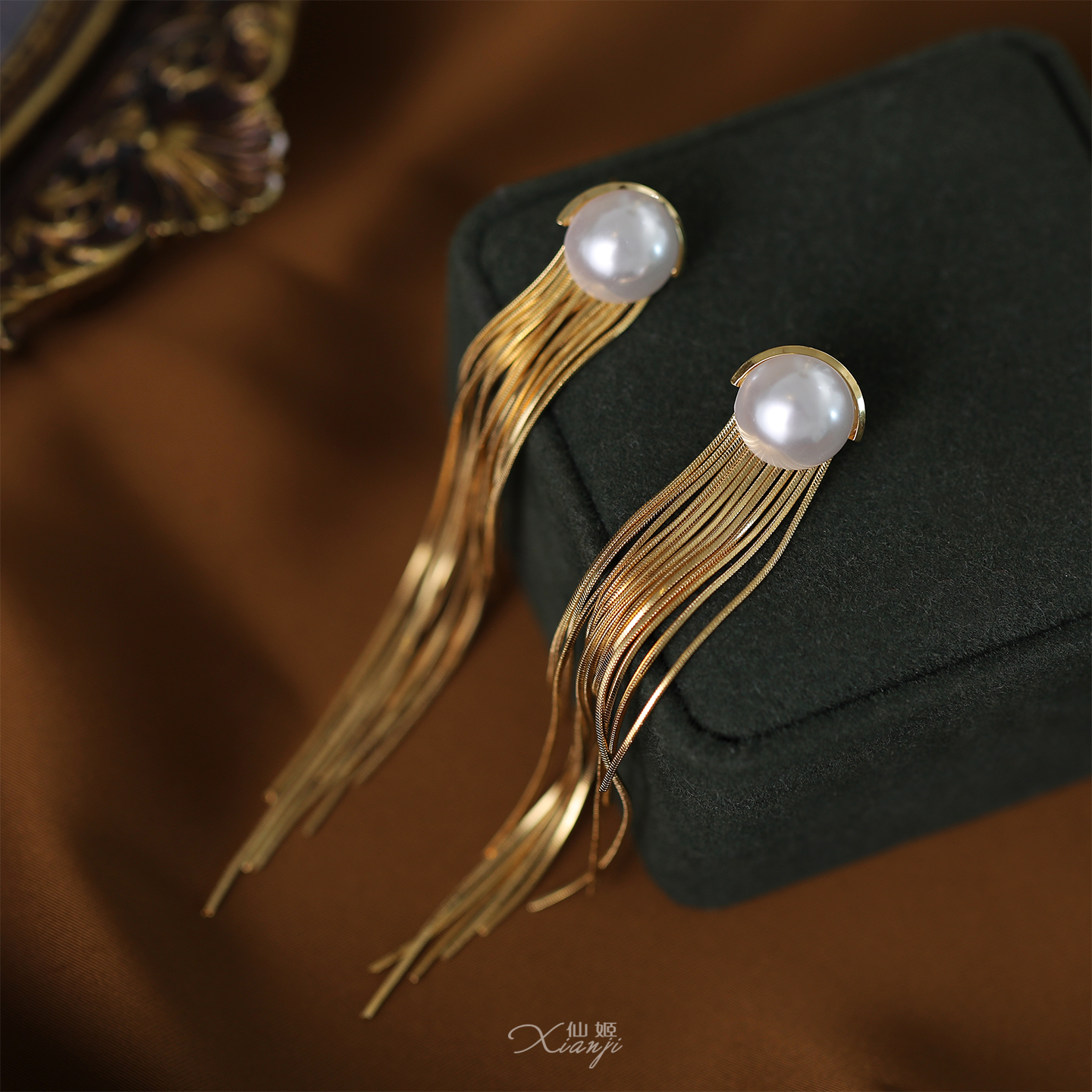 铜合金耳饰 金色长款流苏气质年轻耳环轻奢耳饰方圆脸07516