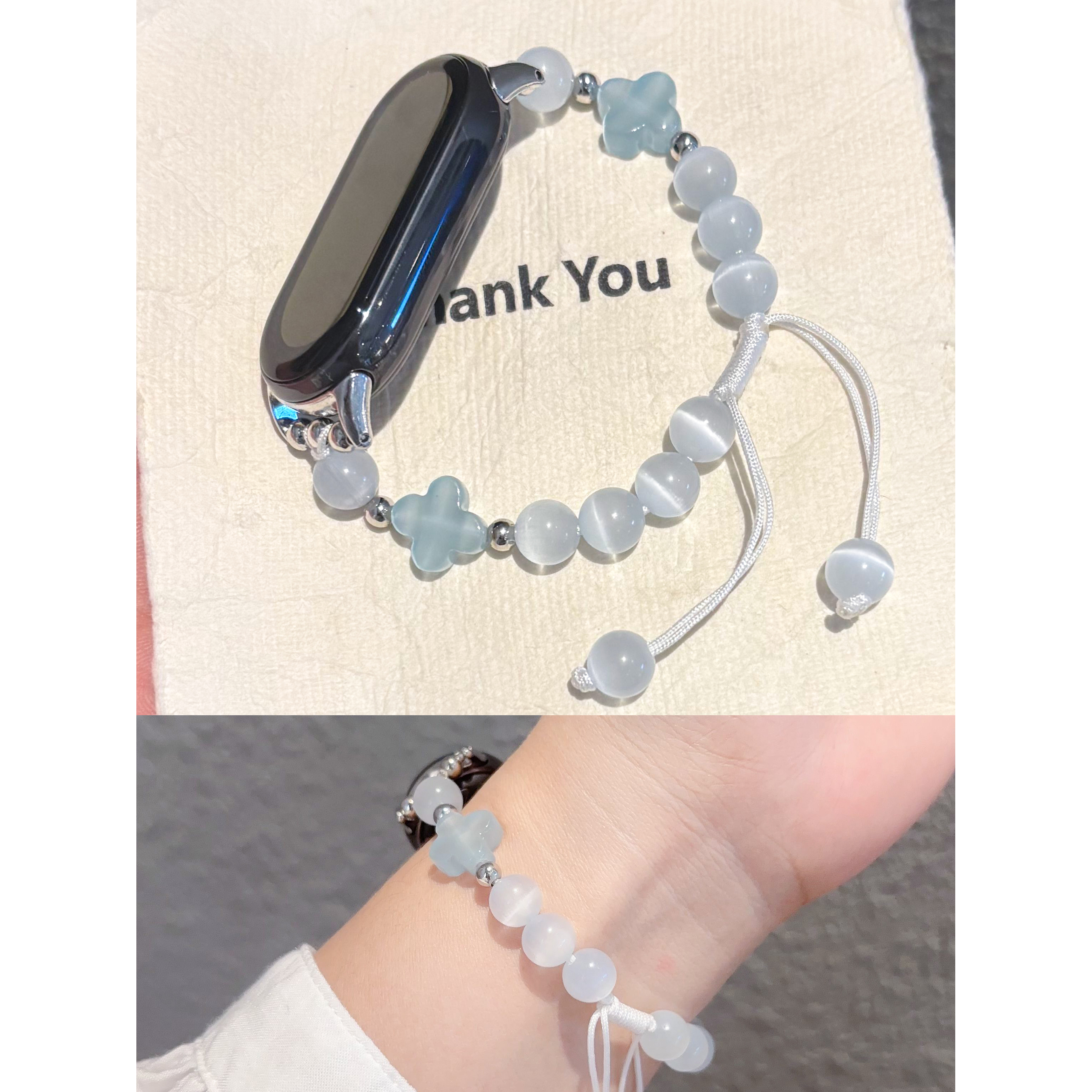 高颜值四叶草白猫眼串珠表带适用小米手环10小米9pro红米watch54