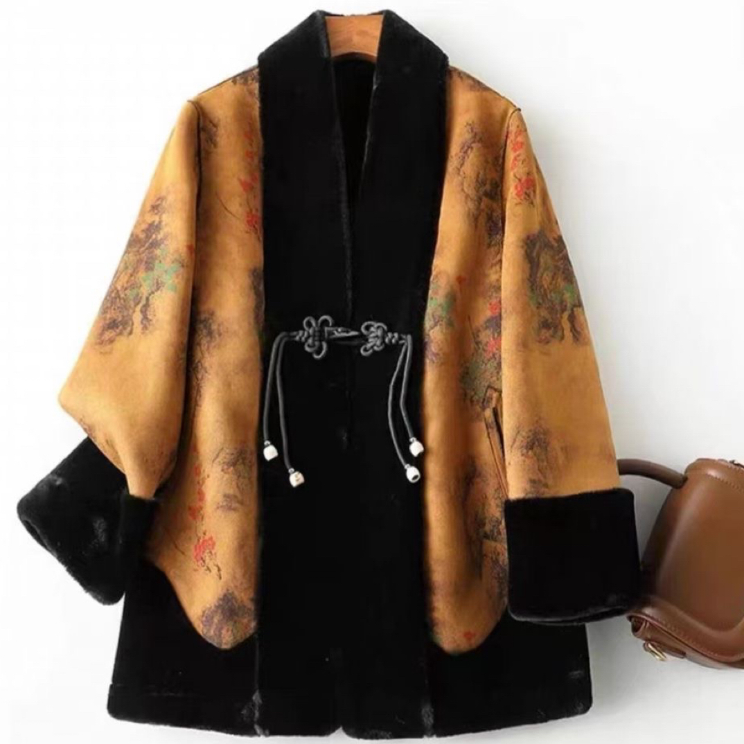 冬季新款中式国风古韵宽松双面穿貂绒女外套