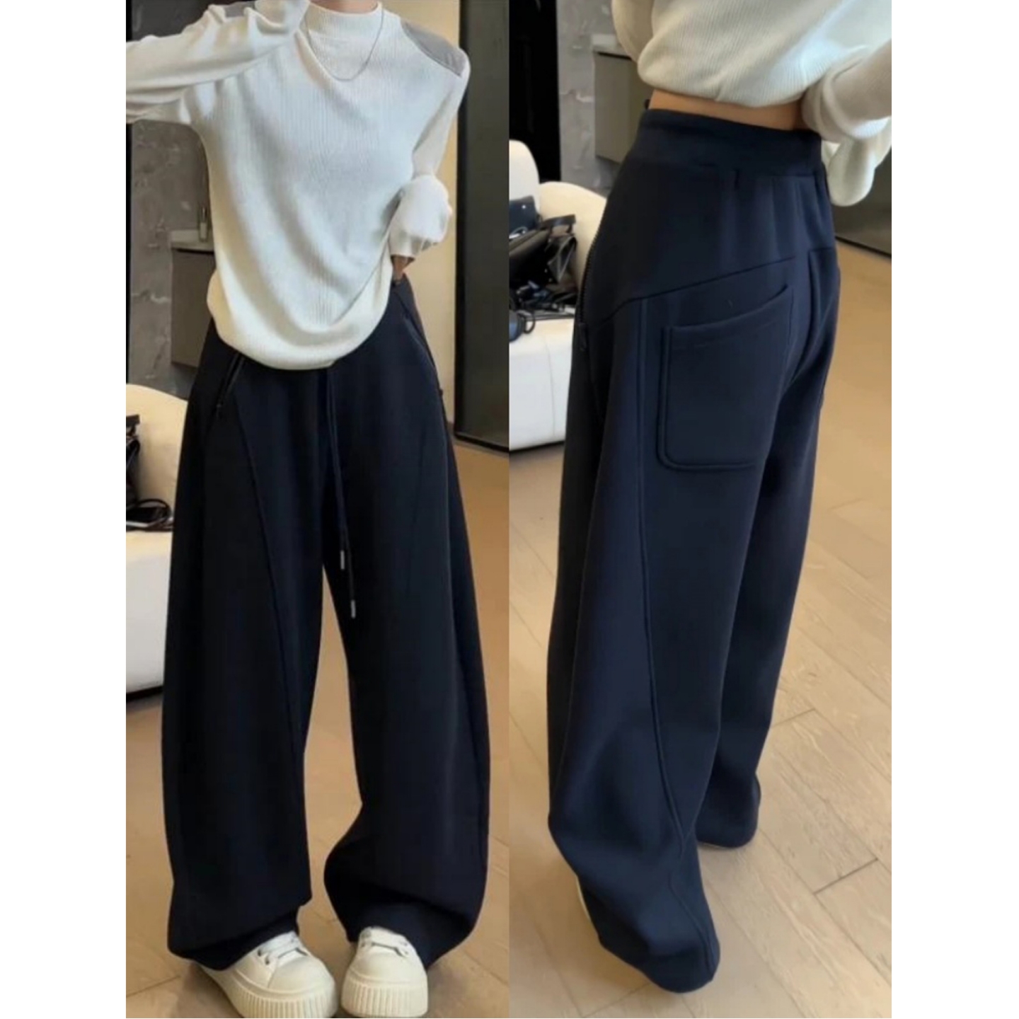 藏青色弯刀阔腿裤女秋冬新款宽松显瘦裤子休闲加绒加厚镰刀裤卫裤