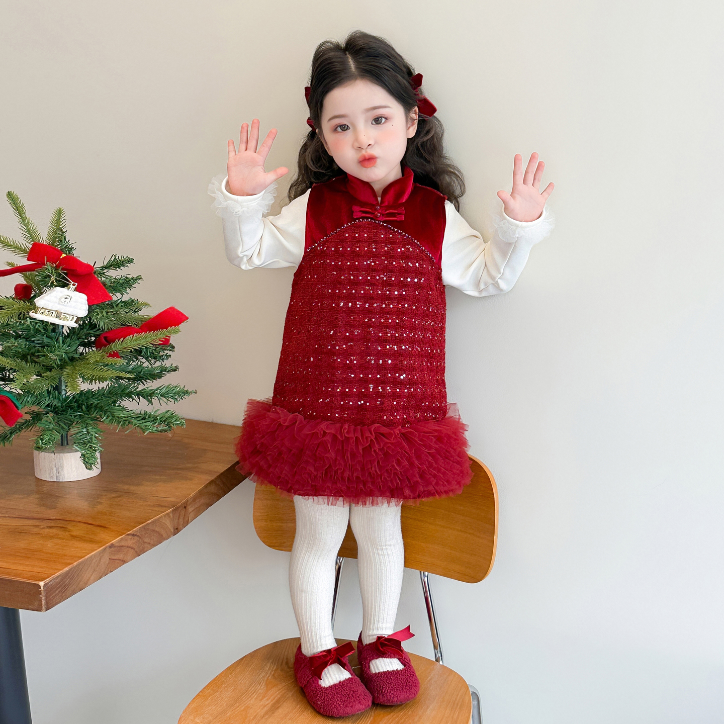 女童秋冬款小香风套装裙女宝宝小童洋气红色新年拜年服儿童连衣裙