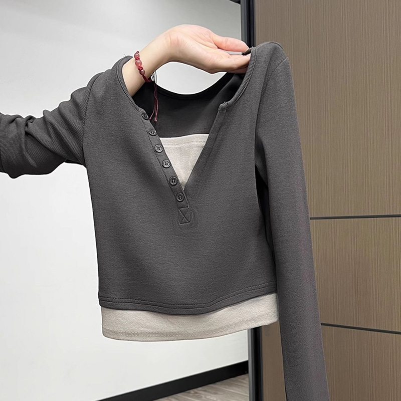 设计感叠穿假两件长袖T恤女春秋季正肩纯棉显瘦韩版修身打底衫