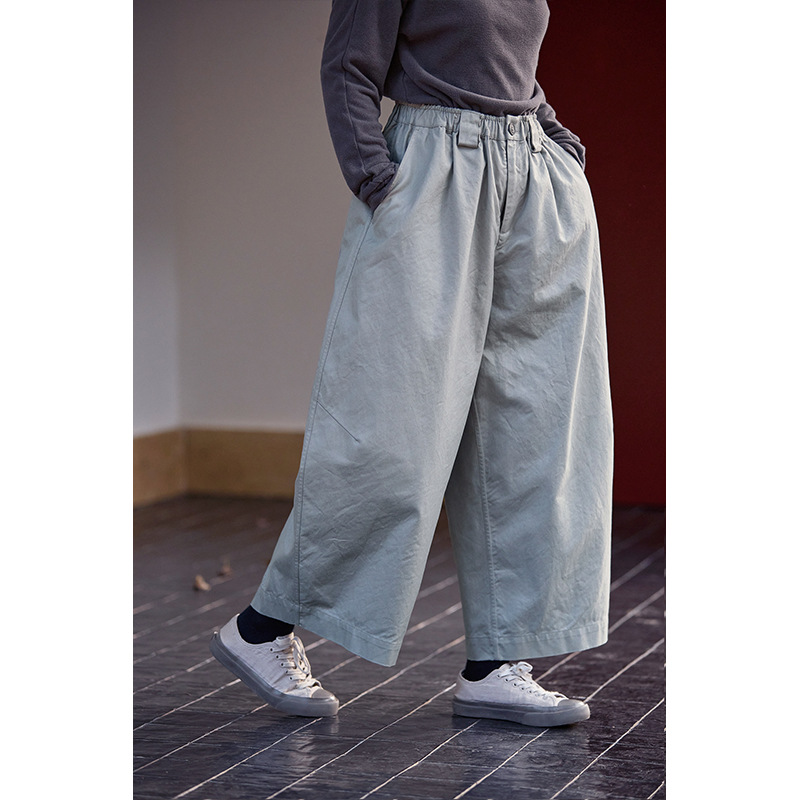 冬季新款文艺复古原创银灰青高质长绒棉光泽感松紧腰长裤萝卜裤