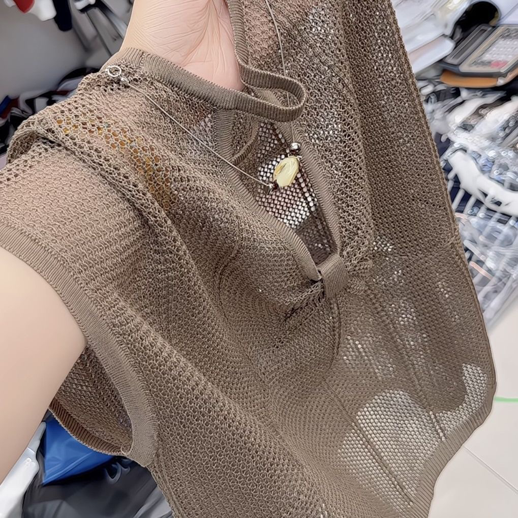 法式薄款镂空针织衫夏季韩版宽松遮肚背心新款上衣外穿显瘦打底衫