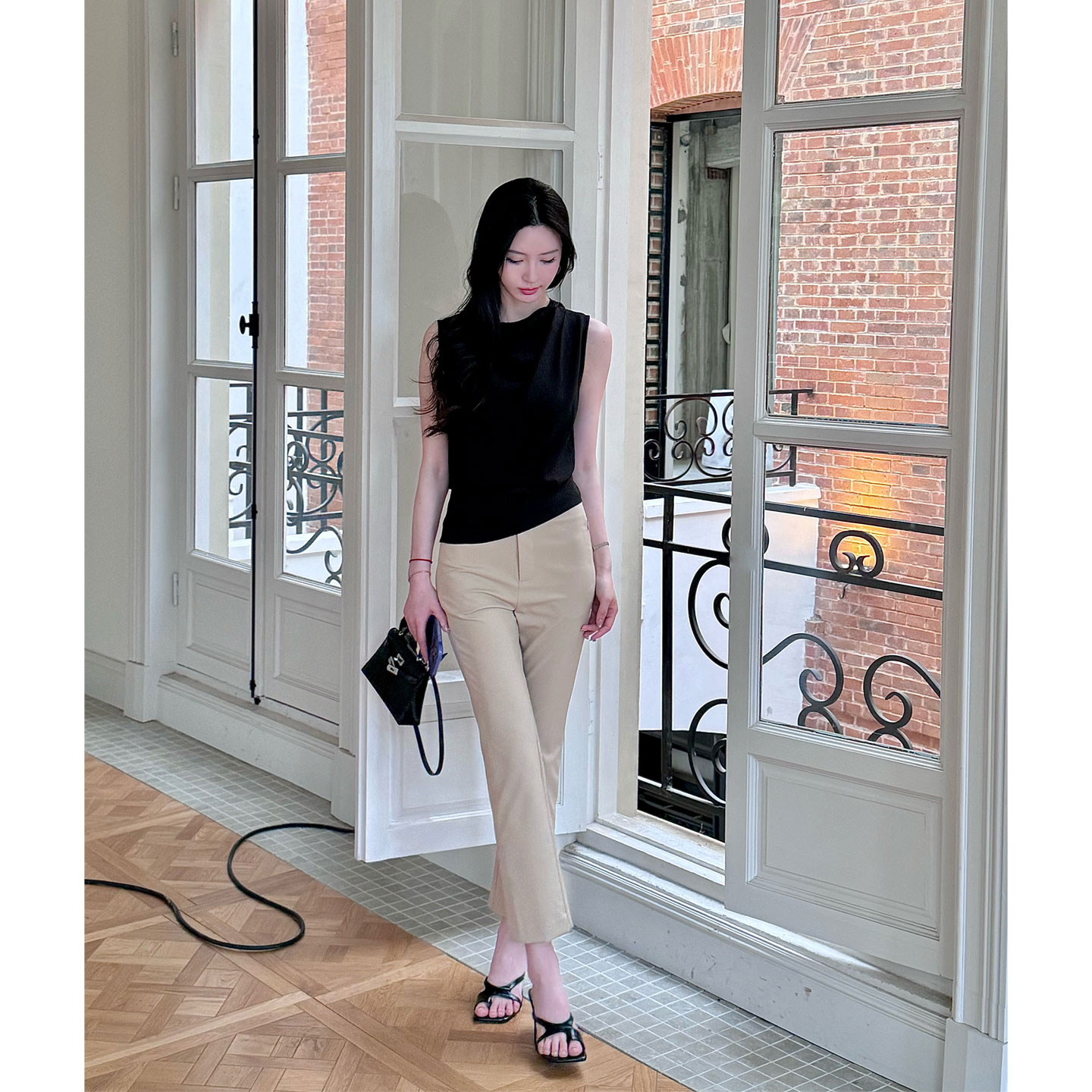 菠萝宝宝yuna【古良】显瘦九分百搭软鱼骨弹力腰线微喇叭休闲裤YF7