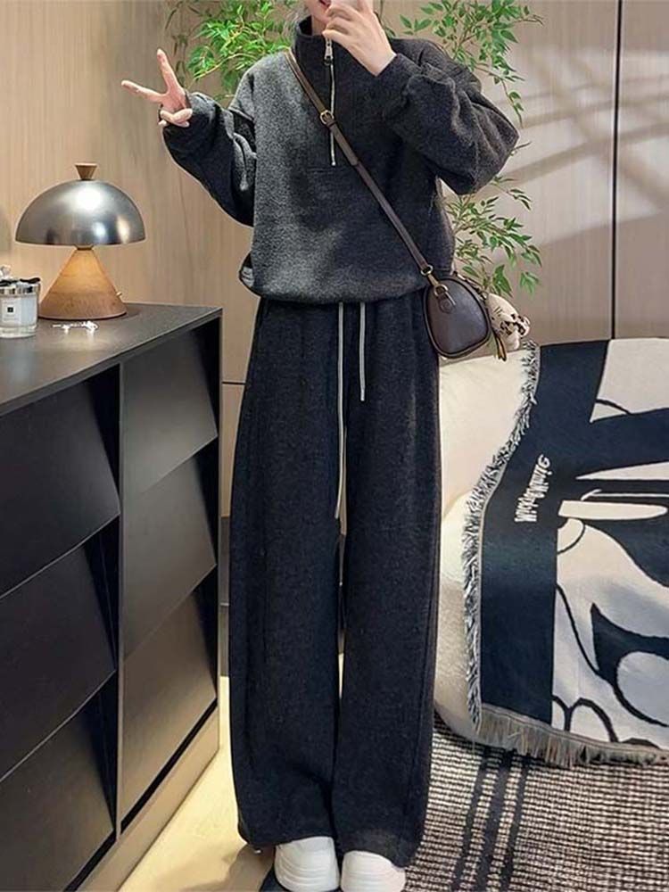 设计感慵懒休闲新款加绒加厚高领拉链卫衣外套两件套弯刀裤套装女