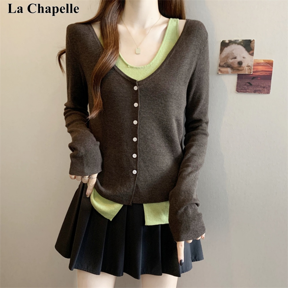 拉夏贝尔秋冬韩系风咖色v领挂脖假两件长袖上衣新款时尚针织衫女