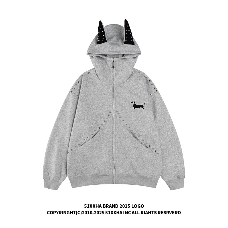 51嘻哈潮牌小狗刺绣钉珠设计感开衫卫衣男女美式街头恶魔连帽外套