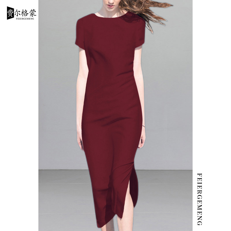 气质高贵夏季连衣裙长裙裙子修身包臀礼服裙开叉紧身裙酒红色宴会