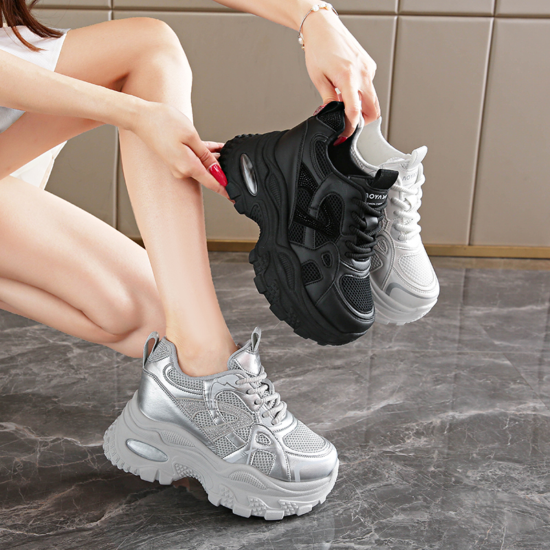 内增高女鞋8公分厚底老爹鞋2025秋季新款透气带钻网红休闲运动鞋