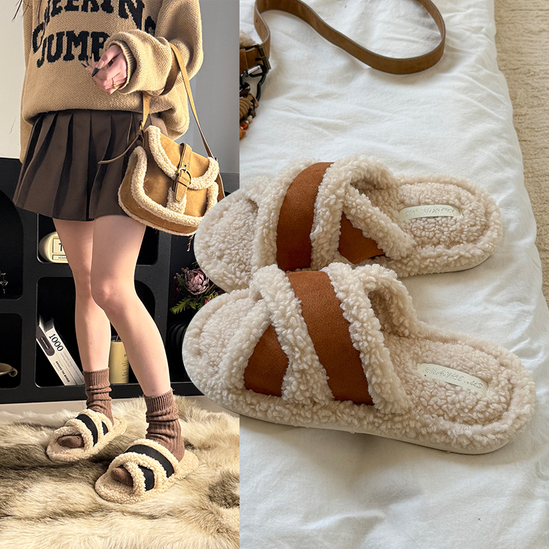 秋冬季休闲风毛毛居家防滑平跟百搭时尚软底韩版毛绒平底拖鞋ins