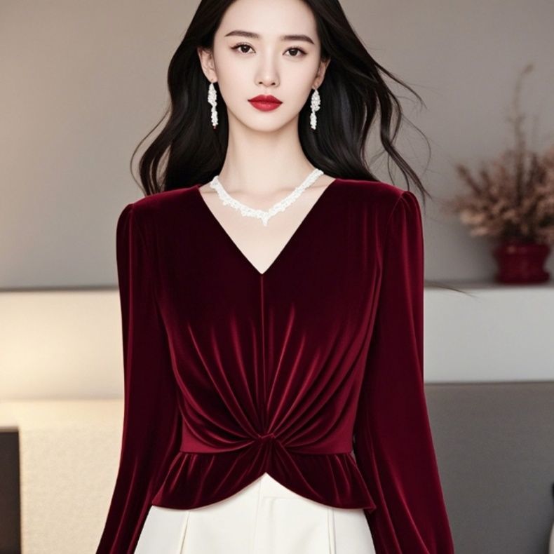 DW法式丝绒高端时装秀气质上衣女高级感秋冬纽带收腰轻熟轻奢衬衫