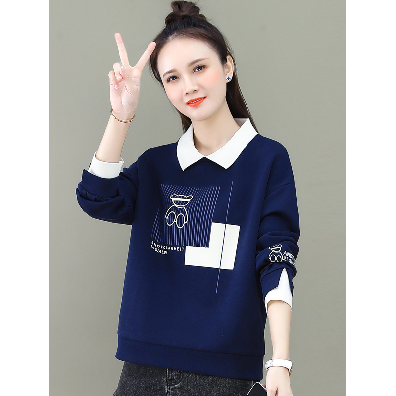 La babite拼接假两件Polo衫T恤翻领卫衣女春秋新款宽松韩版上衣
