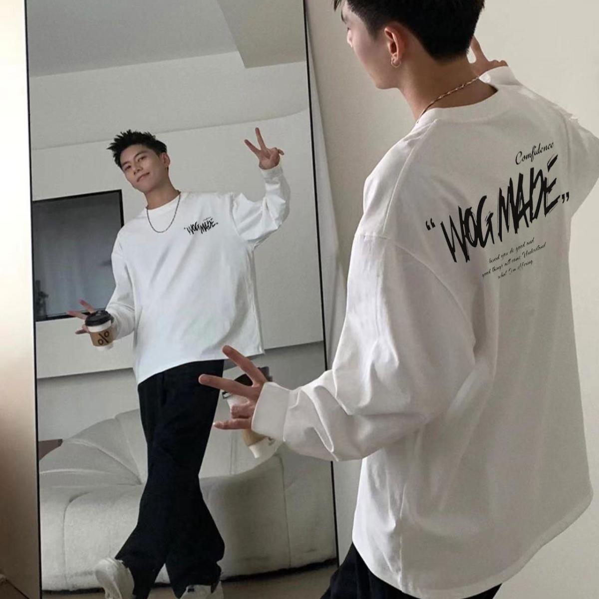 美式重磅长袖t恤男士2025新款春季宽松纯棉内搭打底衫上衣痞帅男