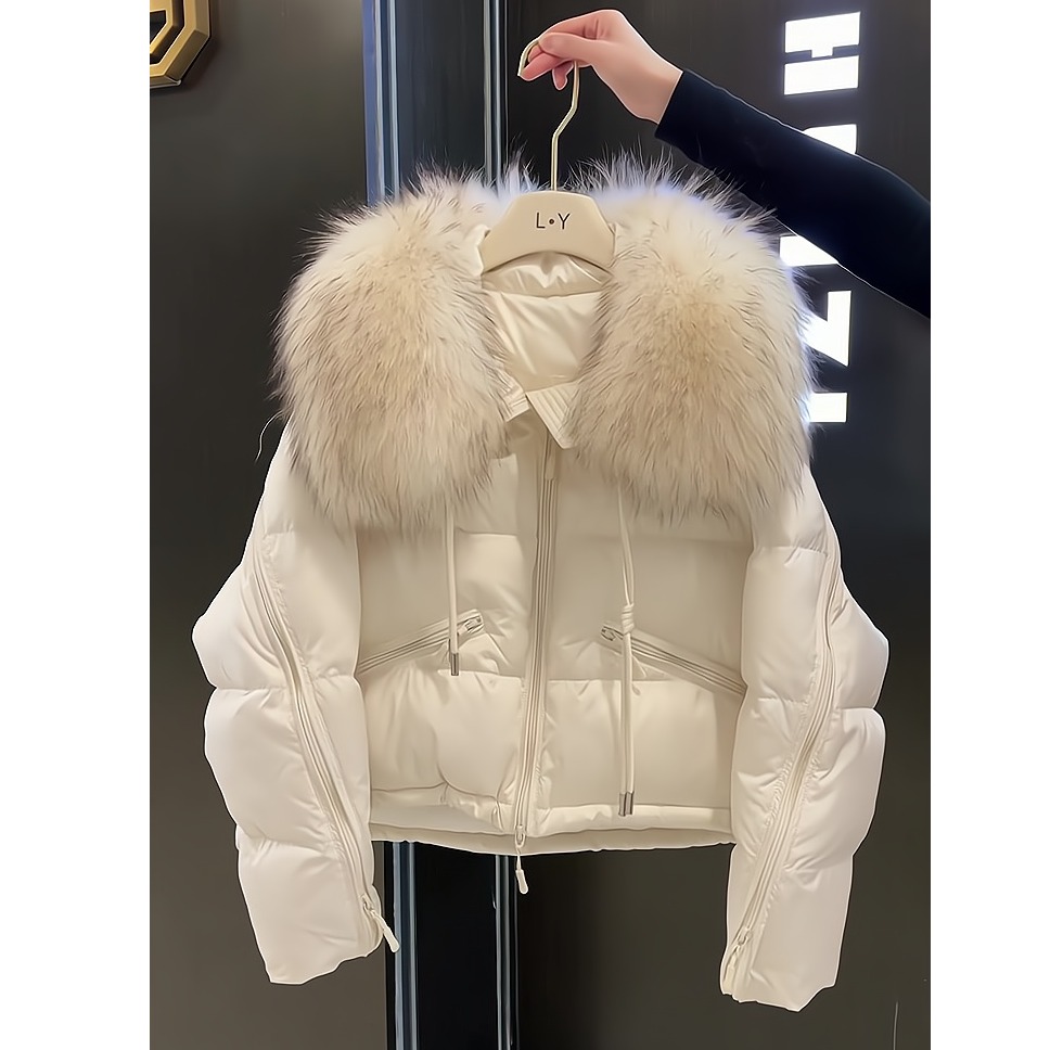 时尚百搭毛领棉服女2025冬季新款韩系通勤气质宽松保暖翻领短外套