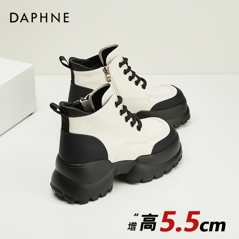 达芙妮女款短靴厚底小个子增高马丁靴圆头英伦风系带时尚百搭女靴